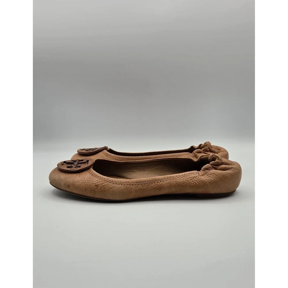 Tory Burch Reva Women Flats Sz 7 Tan Tumbled Leather Ballet Logo